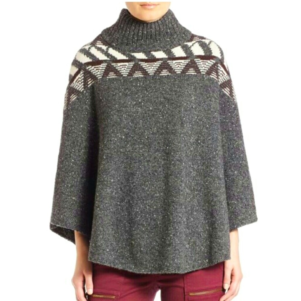 JOIE Ozora Nap Wool Mock Neck Poncho Gray Tweed Cape Size LARGE
